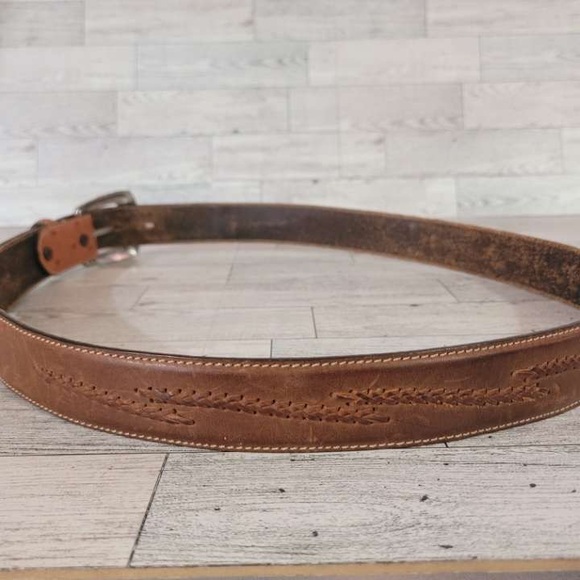 Men's Justin Western Brown Leather Ostrich Print Rodeo Cowboy Belt Size 42 - Picture 3 of 5
